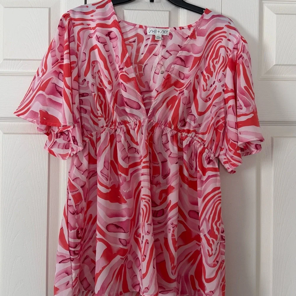 She and Sky Pink and Red Abstract Blouse - Picture 1 of 3